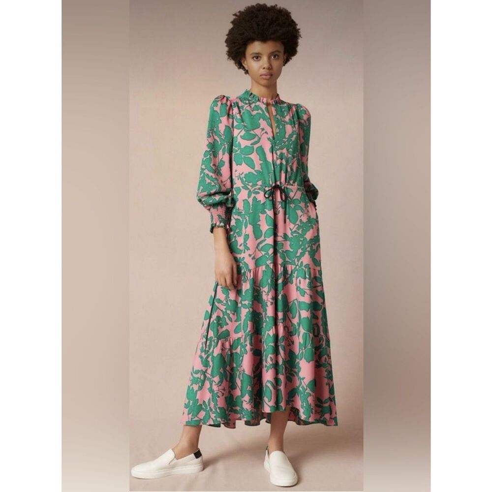 ME+EM Leaf-print Tiered Maxi Dress Pink and Green